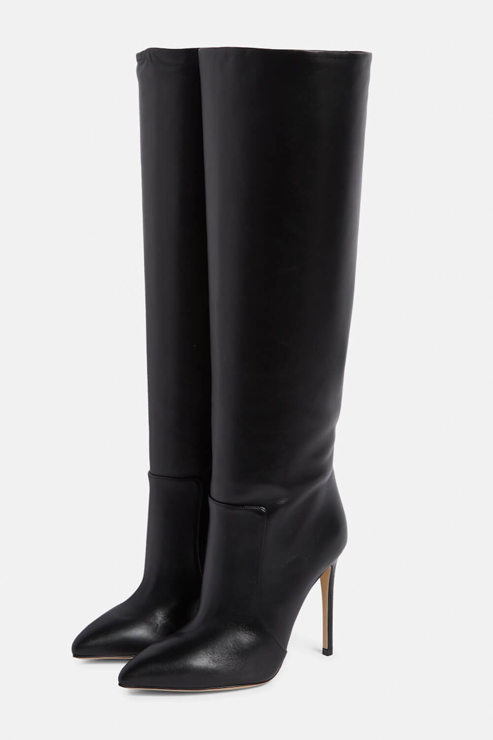 Leather Pointed Toe Ruched Knee-High Boots - Black