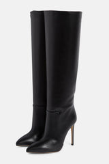 Leather Pointed Toe Ruched Knee-High Boots - Black