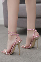 Metallic Clear Diamante Pointed Toe High Stiletto Heels - Pink