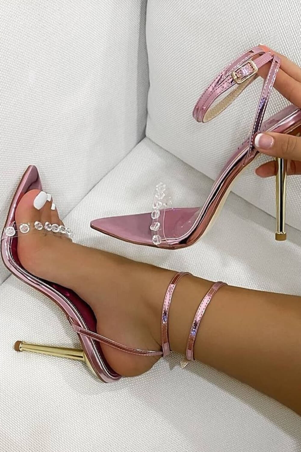 Metallic Clear Diamante Pointed Toe High Stiletto Heels - Pink
