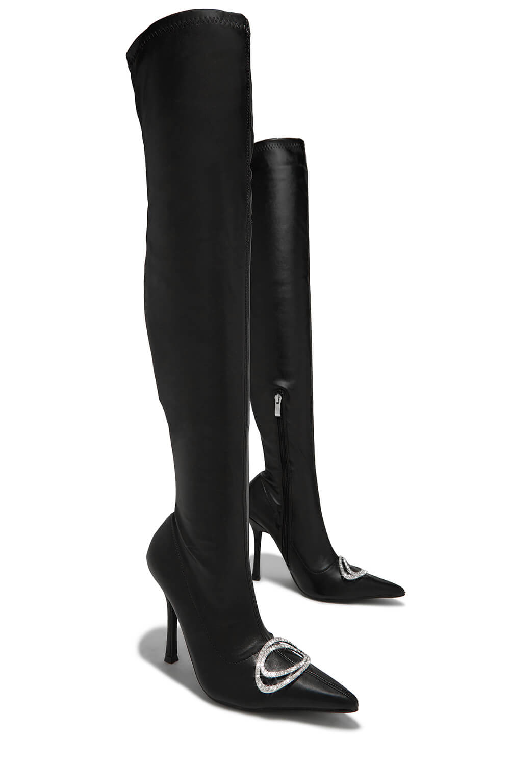 Diamante Embellished Faux Leather Point Toe Stiletto Thigh High Boots