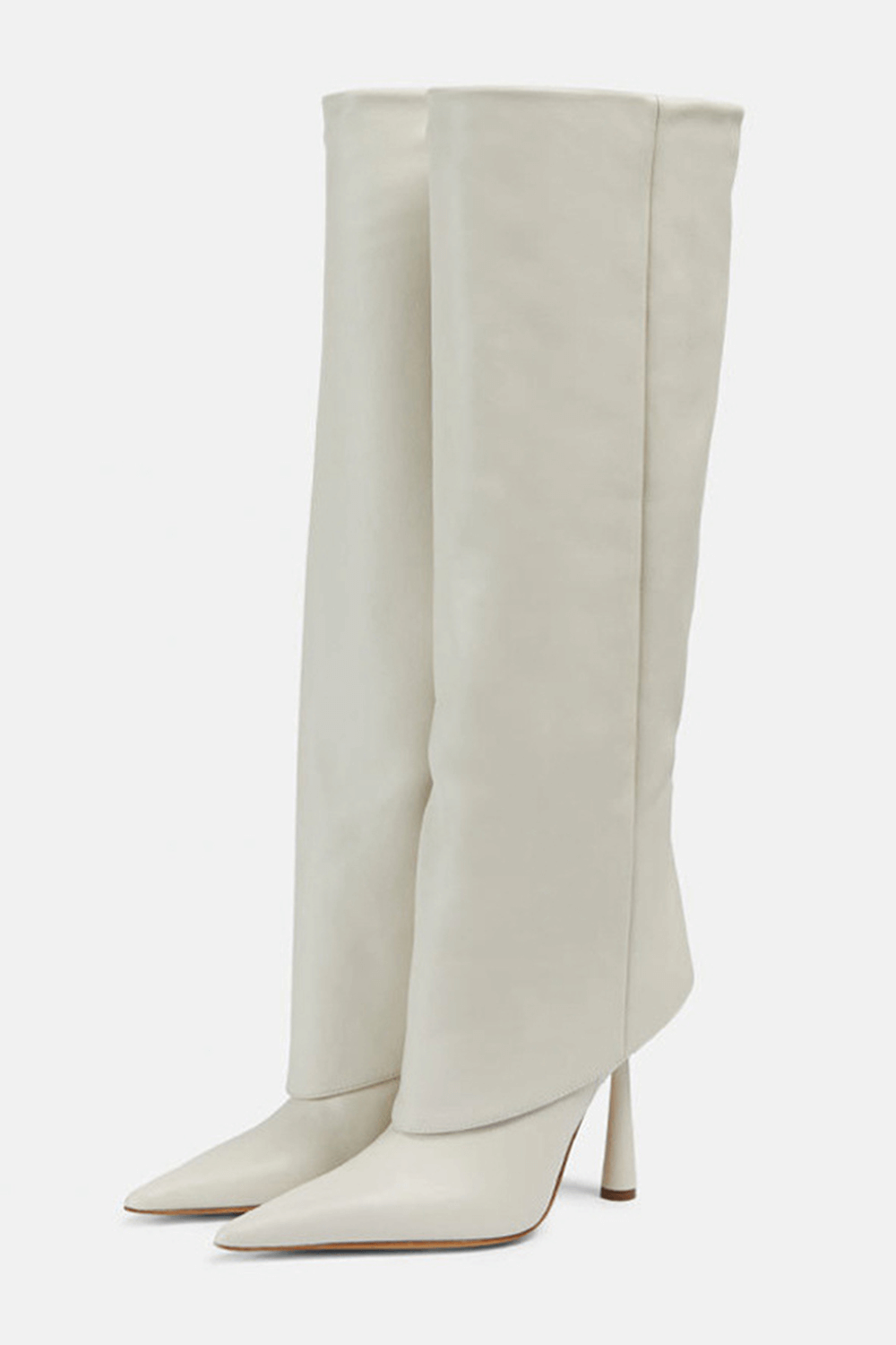 Faux Leather Folded Over Heeled Knee High Long Boots - Ivory