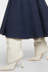 Faux Leather Folded Over Heeled Knee High Long Boots - Ivory