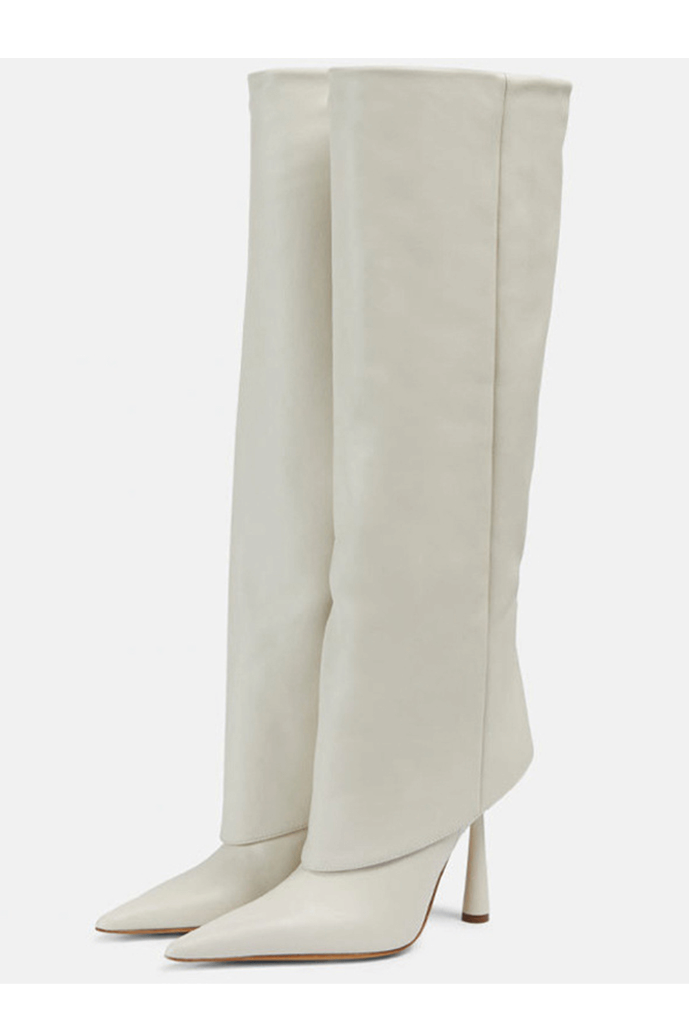 Faux Leather Folded Over Heeled Knee High Long Boots - Ivory
