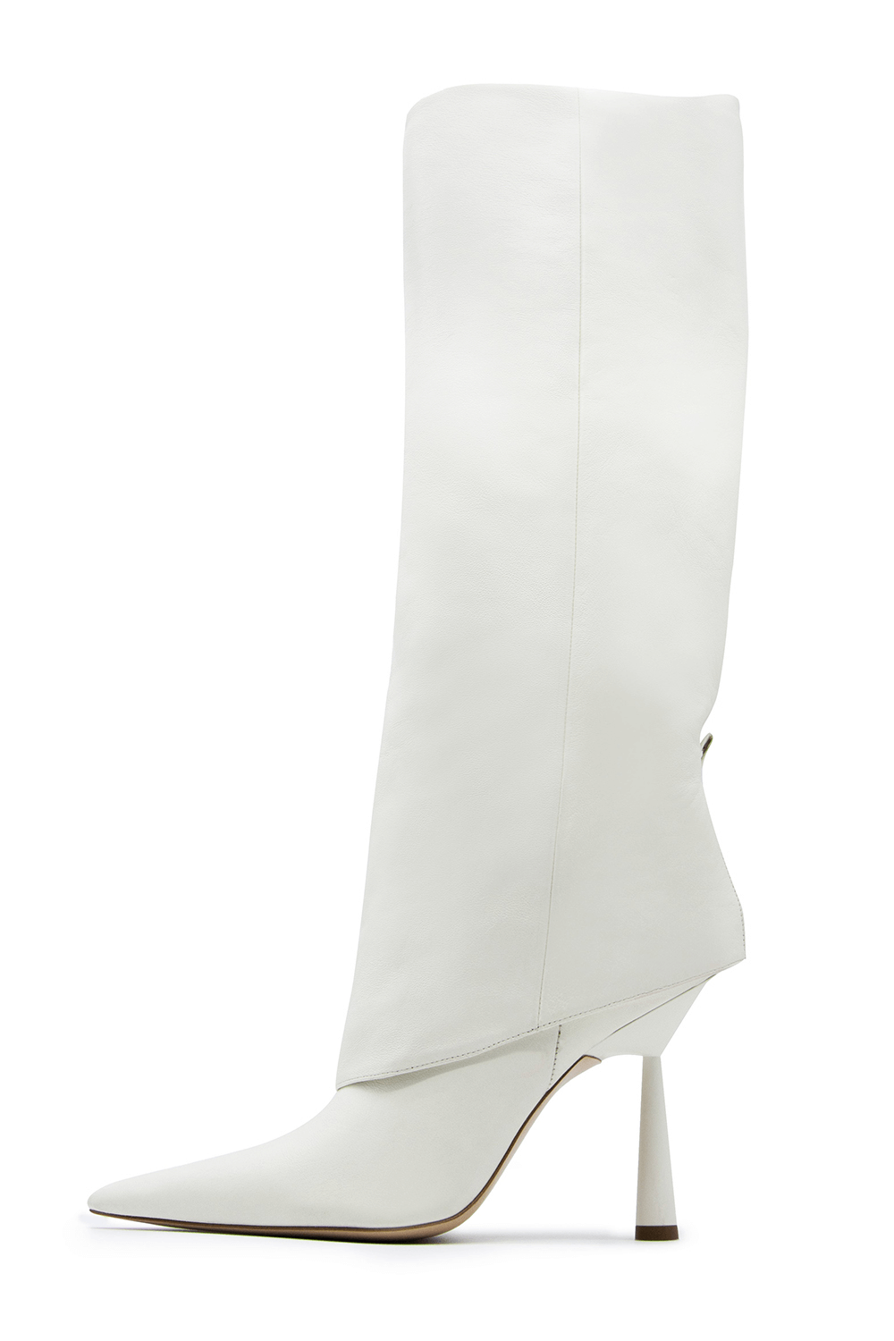 Faux Leather Folded Over Heeled Knee High Long Boots - Ivory