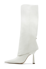 Faux Leather Folded Over Heeled Knee High Long Boots - Ivory