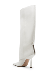 Faux Leather Folded Over Heeled Knee High Long Boots - Ivory