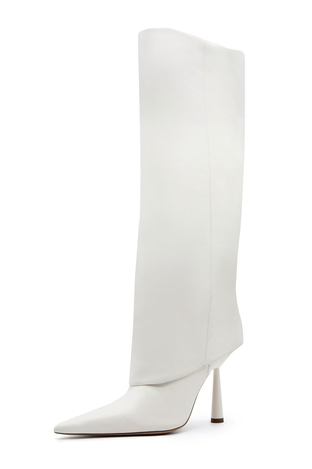 Faux Leather Folded Over Heeled Knee High Long Boots - Ivory