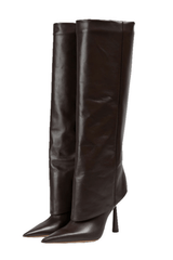 Faux Leather Folded Over Heeled Knee High Long Boots - Chocolate
