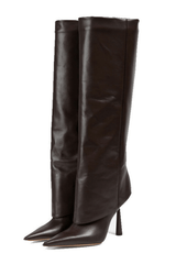 Faux Leather Folded Over Heeled Knee High Long Boots - Chocolate