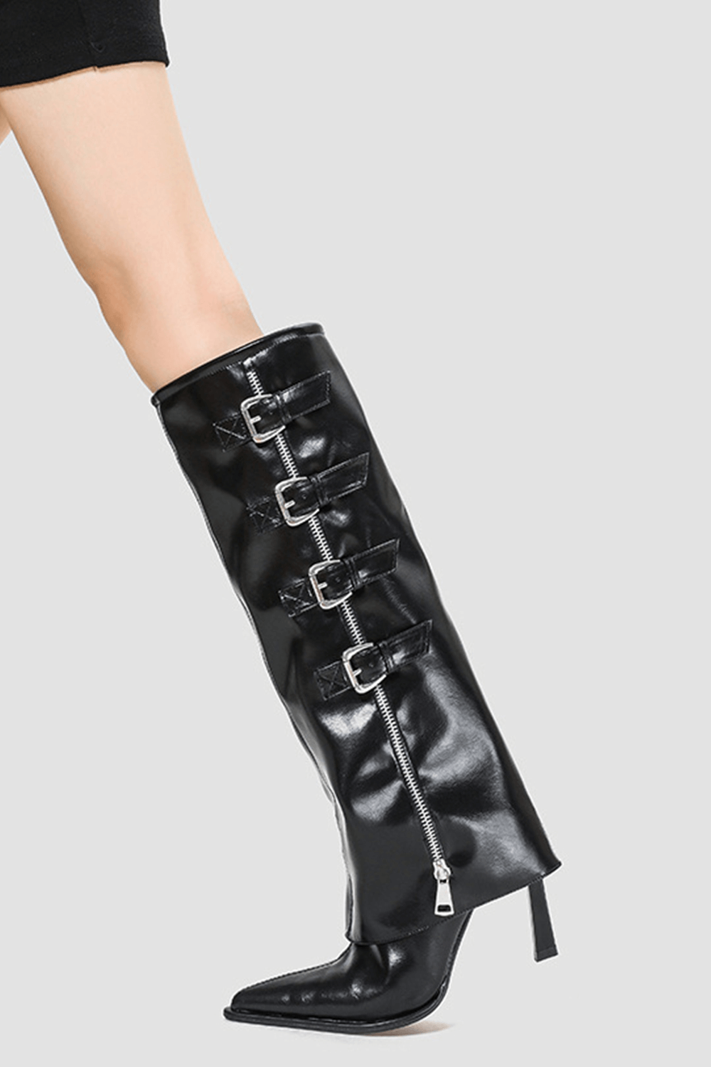 Buckle Detail Fold Over Knee-High High Heeled Boots - Black