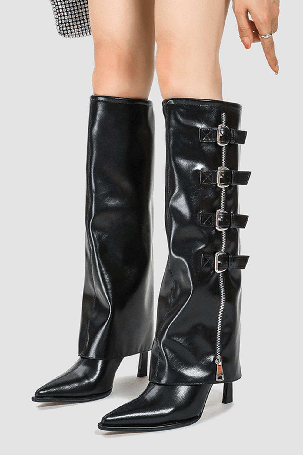 Buckle Detail Fold Over Knee-High High Heeled Boots - Black