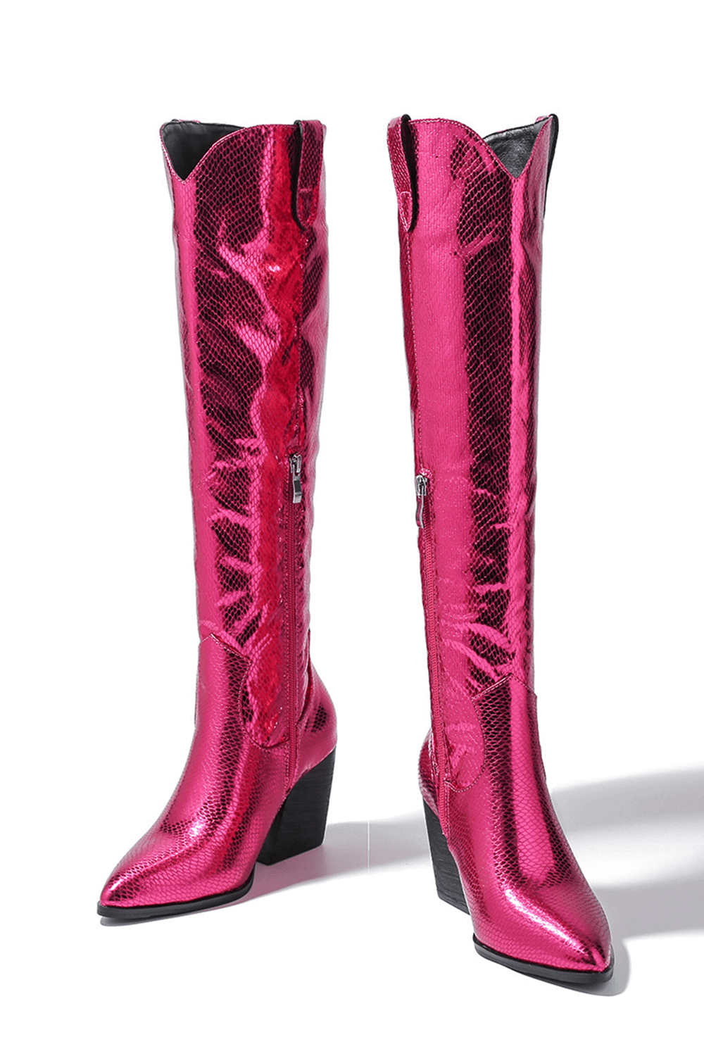 Metallic Python Western Cowgirl Pointed Toe Knee High Boot - Hot Pink