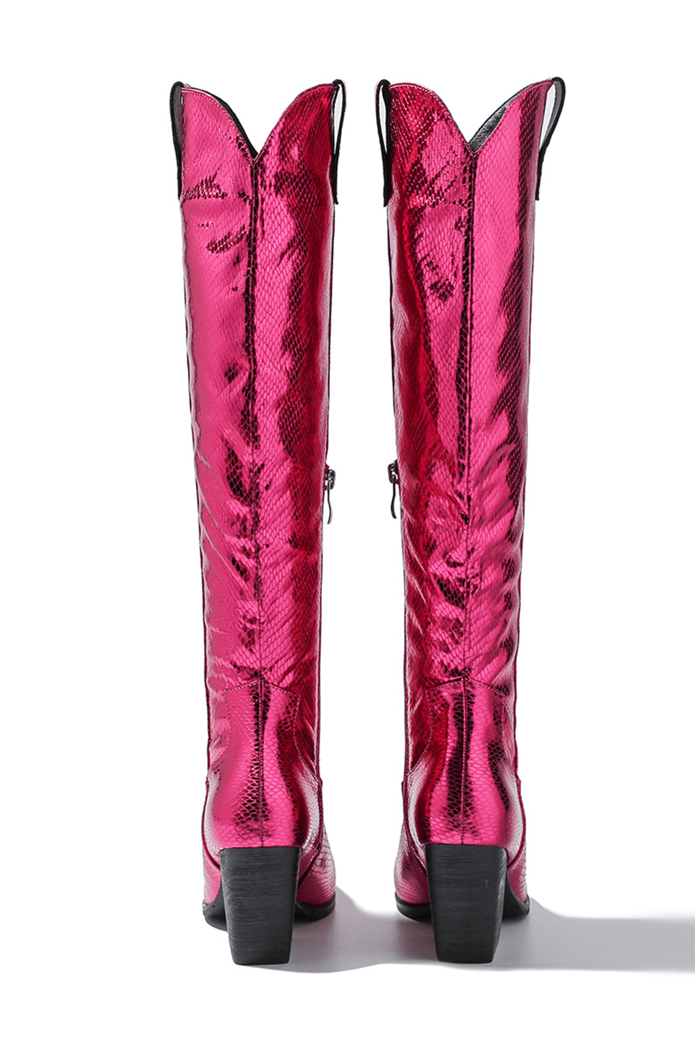 Metallic Python Western Cowgirl Pointed Toe Knee High Boot - Hot Pink