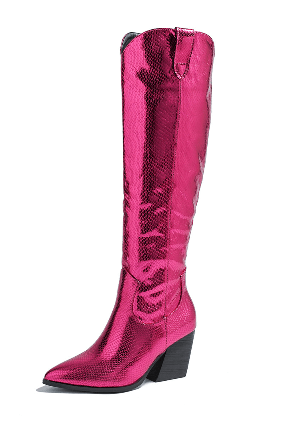 Metallic Python Western Cowgirl Pointed Toe Knee High Boot - Hot Pink