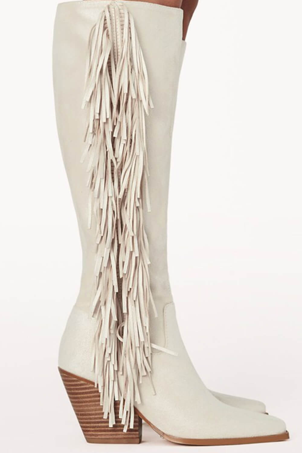 White Pointed Toe Knee-High Fringe Block Heeled Boots