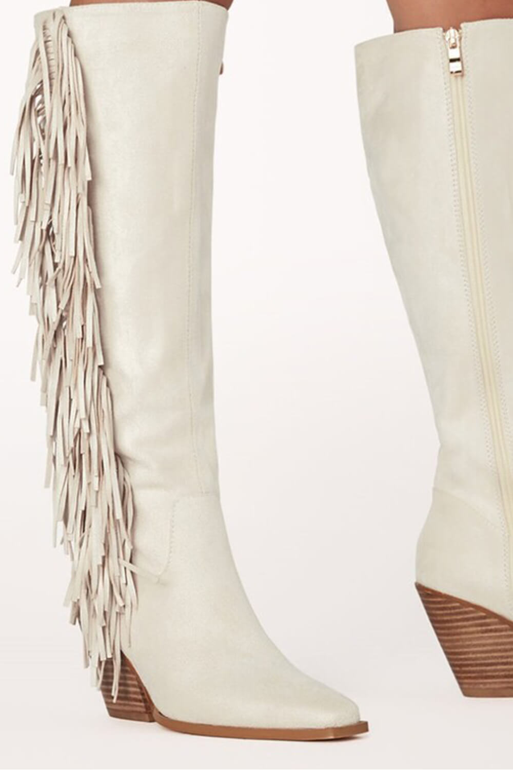 White Pointed Toe Knee-High Fringe Block Heeled Boots