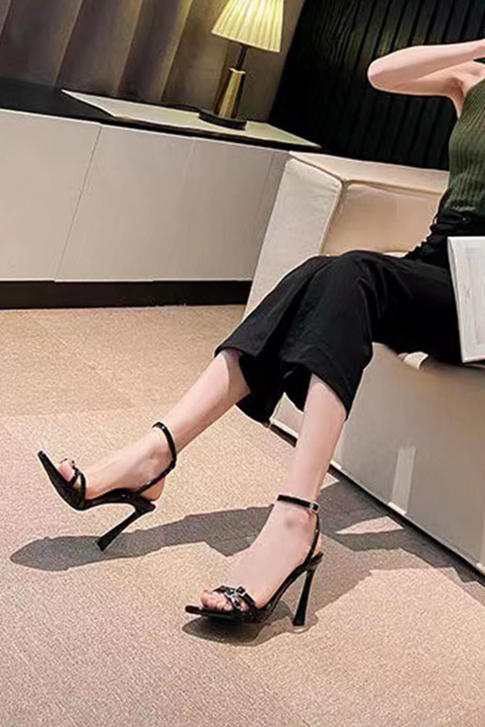 Faux Leather Crystal-Embellished Pointed Toe High Heeled Sandals - Black
