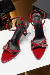 Faux Leather Crystal-Embellished Pointed Toe High Heeled Sandals - Red