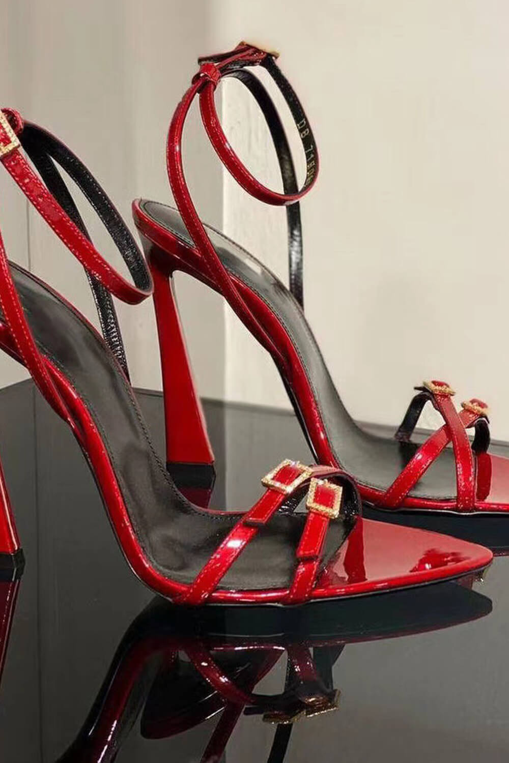 Faux Leather Crystal-Embellished Pointed Toe High Heeled Sandals - Red