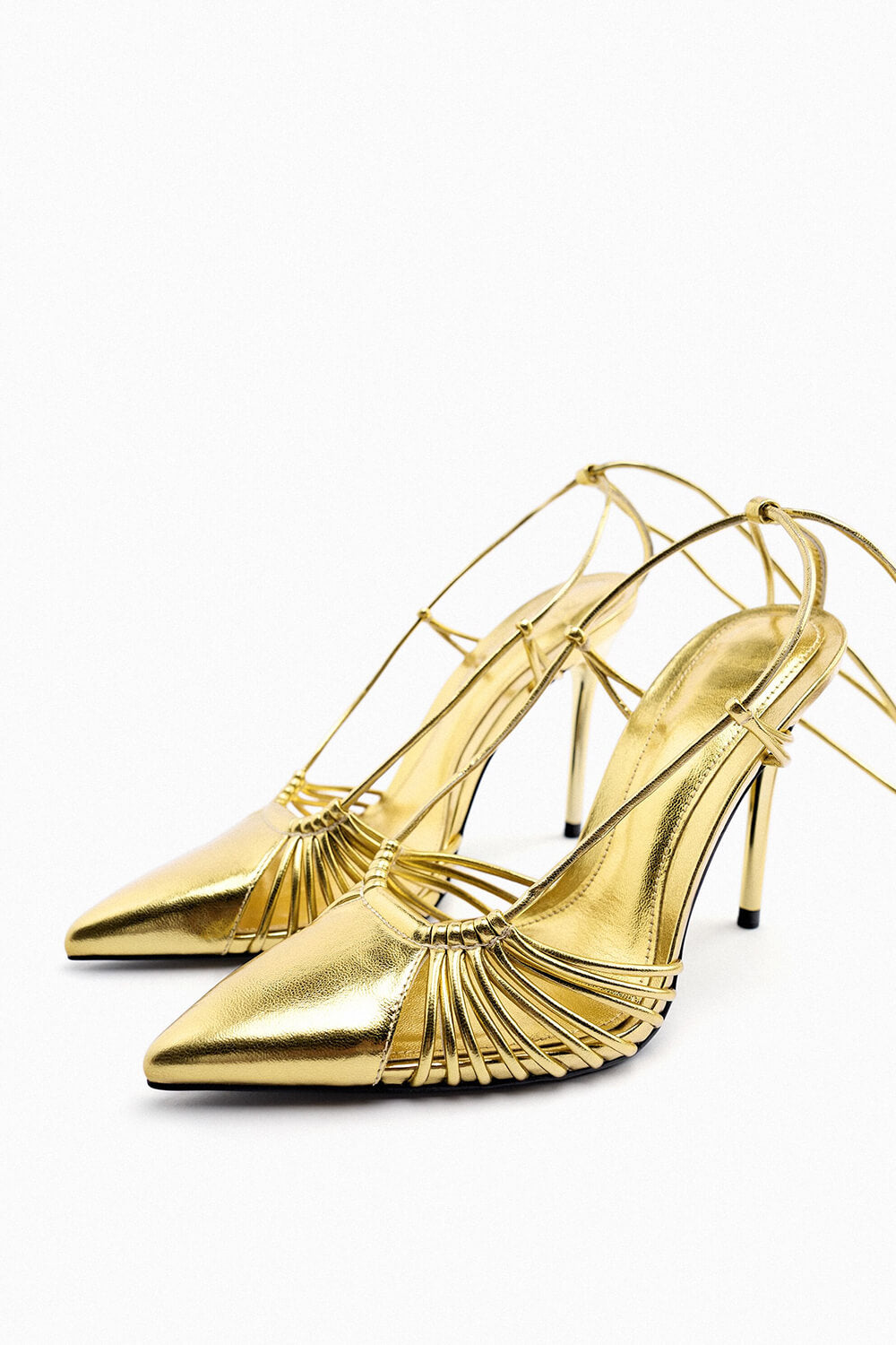 Metallic Gold Lace Up Pointed Toe Stiletto Heeled Sandals