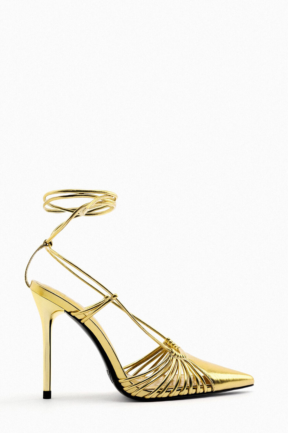 Metallic Gold Lace Up Pointed Toe Stiletto Heeled Sandals