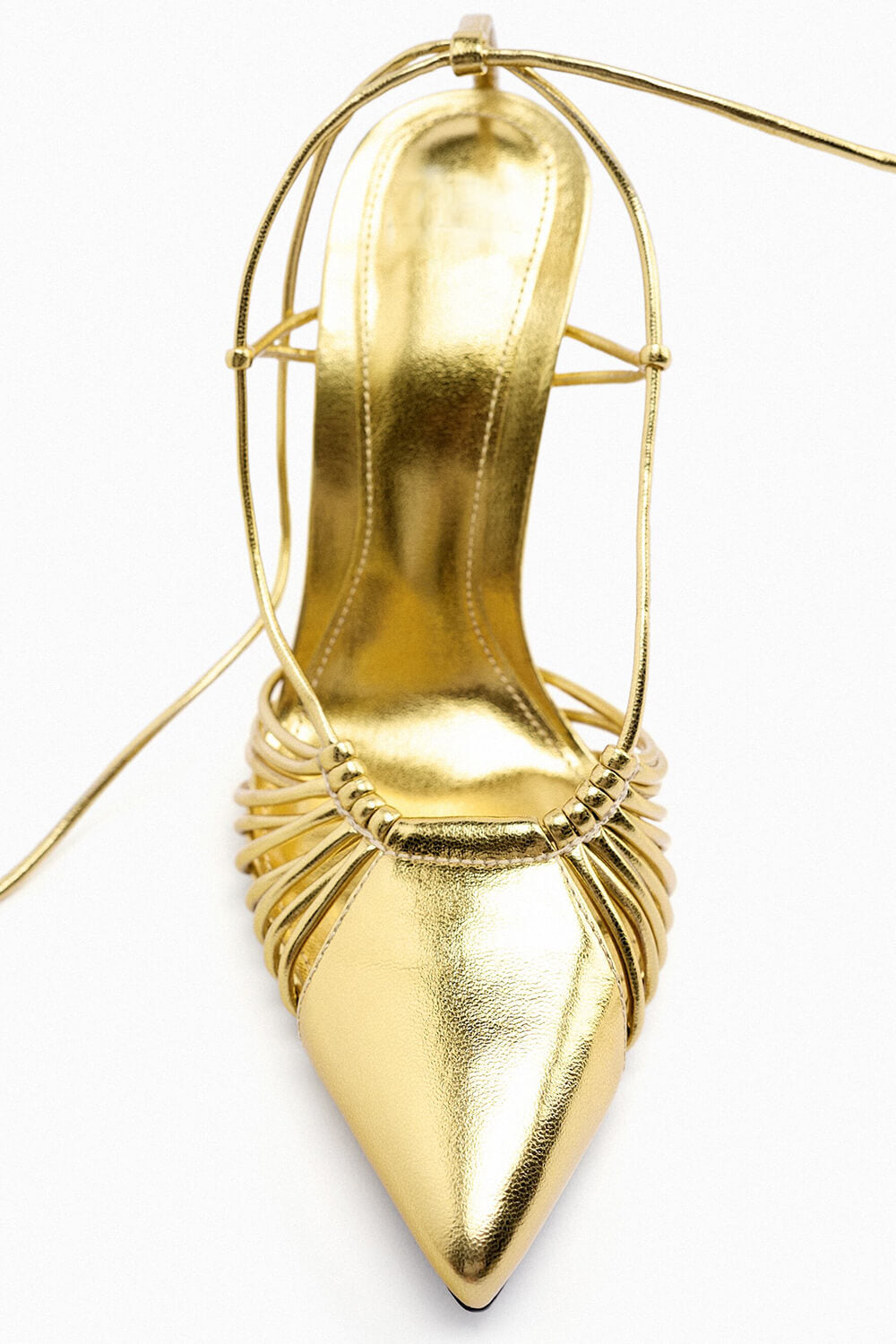 Metallic Gold Lace Up Pointed Toe Stiletto Heeled Sandals