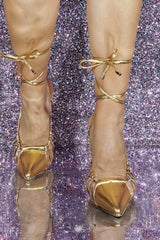 Metallic Gold Lace Up Pointed Toe Stiletto Heeled Sandals
