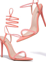 Pearl Strap Lace Up Pointed Toe High Stiletto Heels - Coral