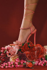 Pearl Strap Lace Up Pointed Toe High Stiletto Heels - Coral