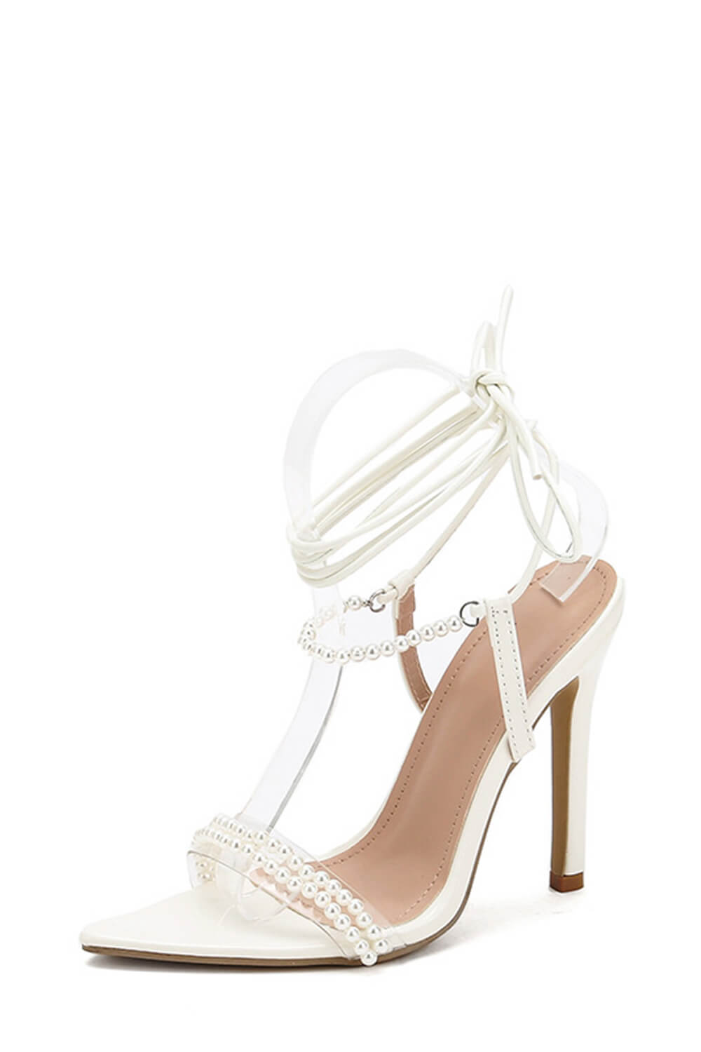 Pearl Strap Lace Up Pointed Toe High Stiletto Heels - White