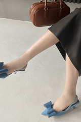 Double Bow Pointed Toe Slingback Pump - Denim