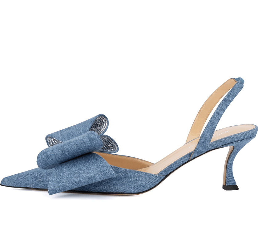Double Bow Pointed Toe Slingback Pump - Denim