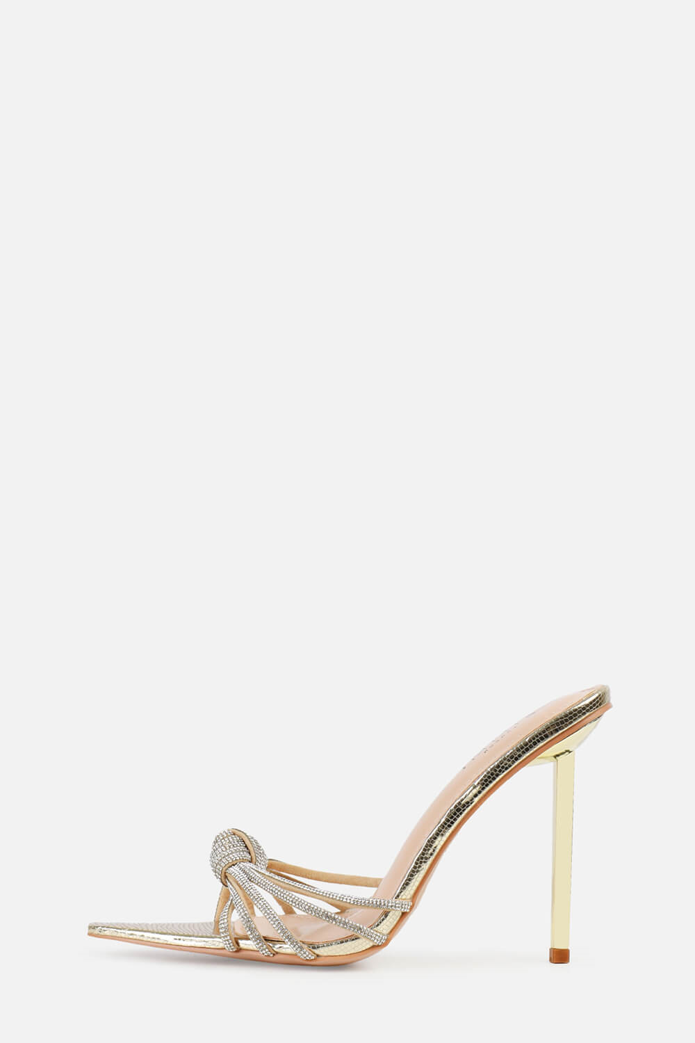 Faux Snake Print Diamante Knot Pointed Toe Heeled Mules - Gold
