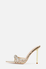 Faux Snake Print Diamante Knot Pointed Toe Heeled Mules - Gold