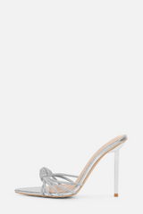 Faux Snake Print Diamante Knot Pointed Toe Heeled Mules - Silver