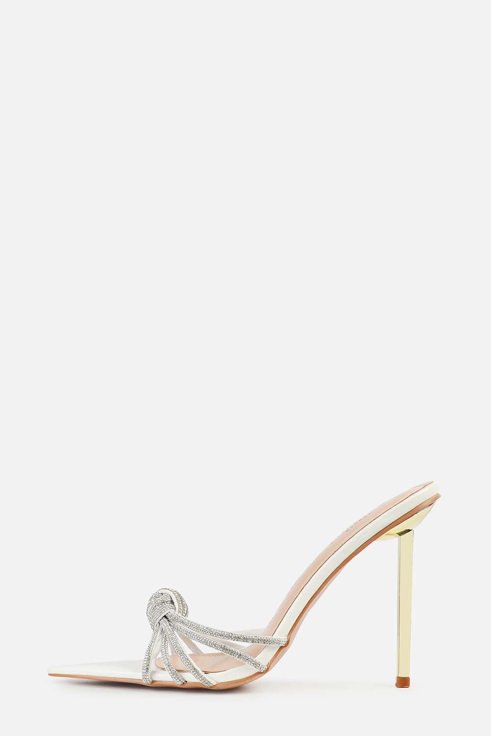 Faux Snake Print Diamante Knot Pointed Toe Heeled Mules - White
