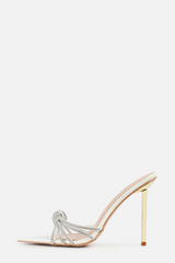 Faux Snake Print Diamante Knot Pointed Toe Heeled Mules - White