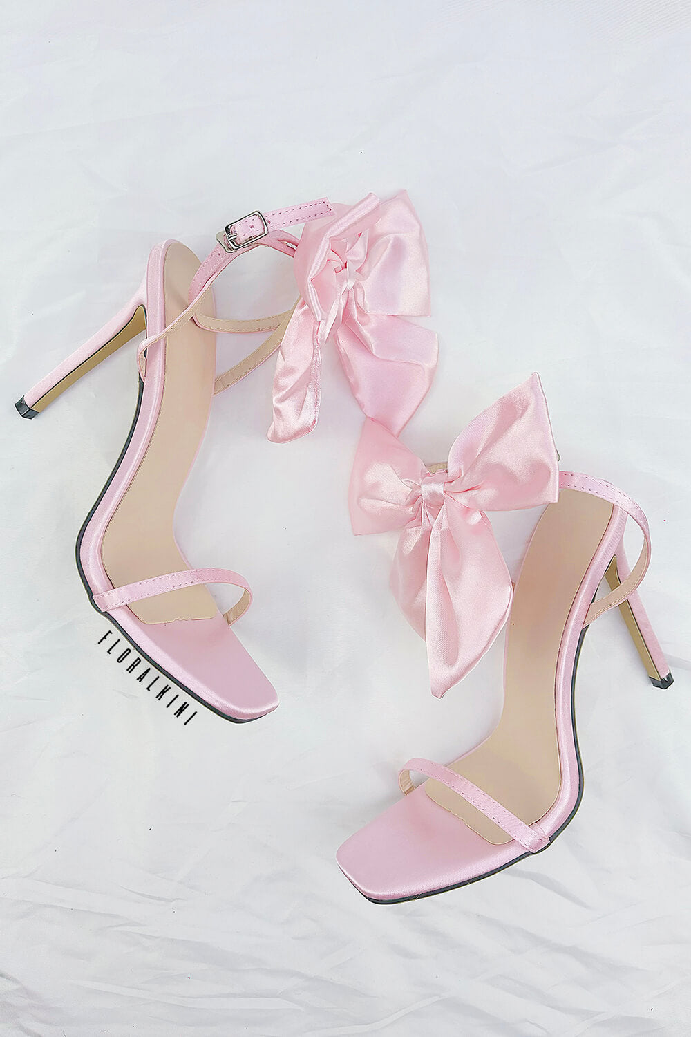 Bow Embellished Faux Leather Open Square Toe Stiletto Heels - Pink