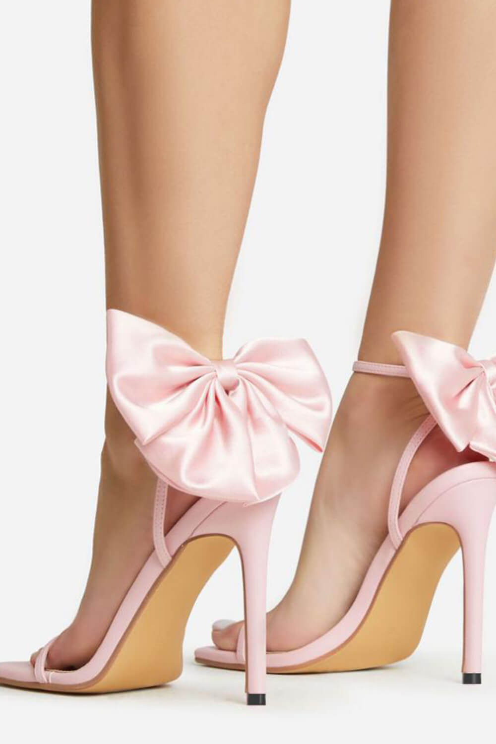 Bow Embellished Faux Leather Open Square Toe Stiletto Heels - Pink