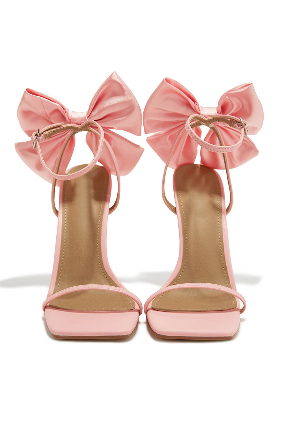 Bow Embellished Faux Leather Open Square Toe Stiletto Heels - Pink