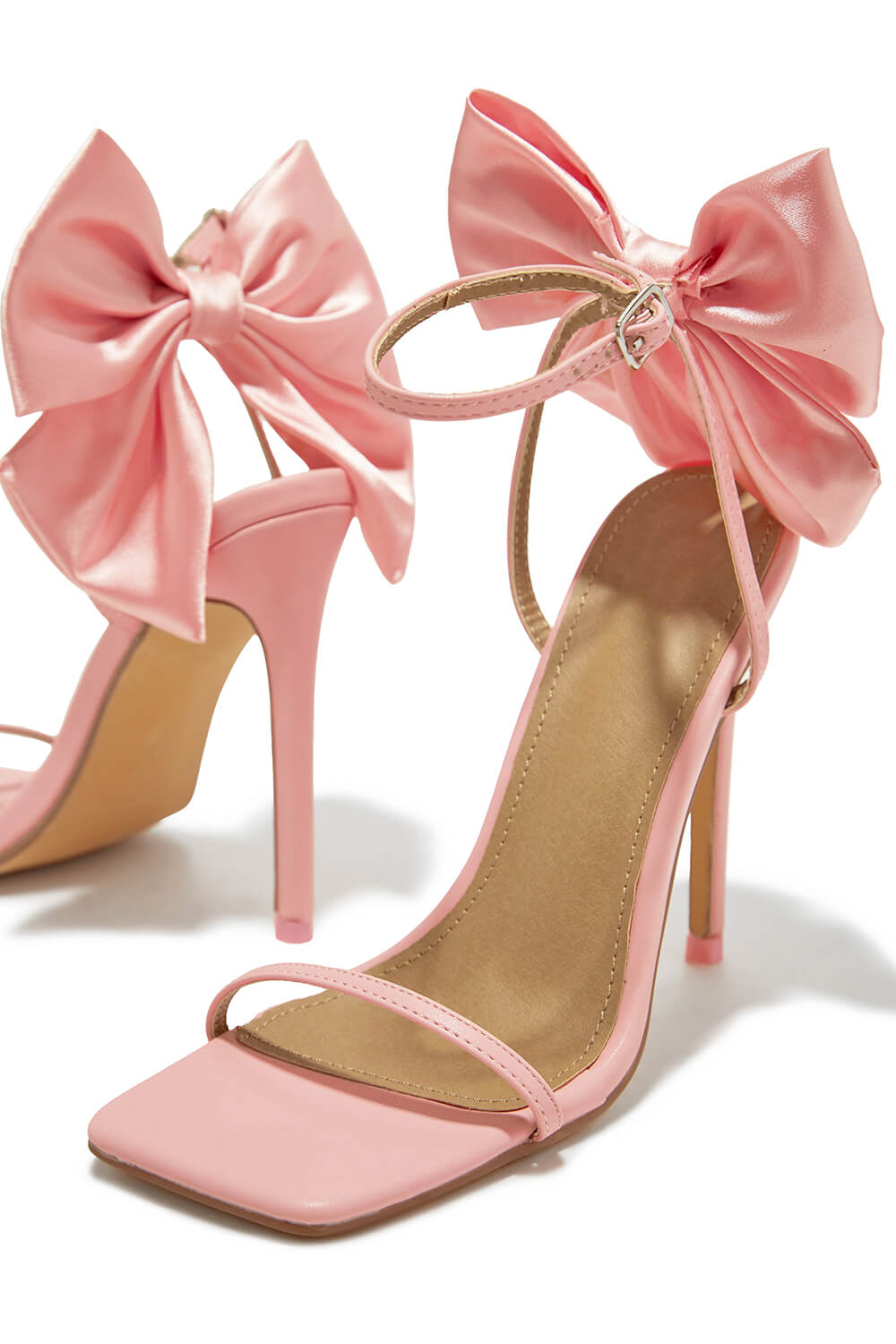 Bow Embellished Faux Leather Open Square Toe Stiletto Heels - Pink