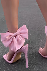 Bow Embellished Faux Leather Open Square Toe Stiletto Heels - Pink