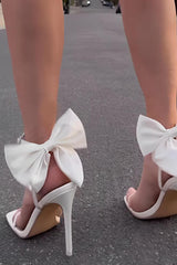 Bow Embellished Faux Leather Open Square Toe Stiletto Heels - White