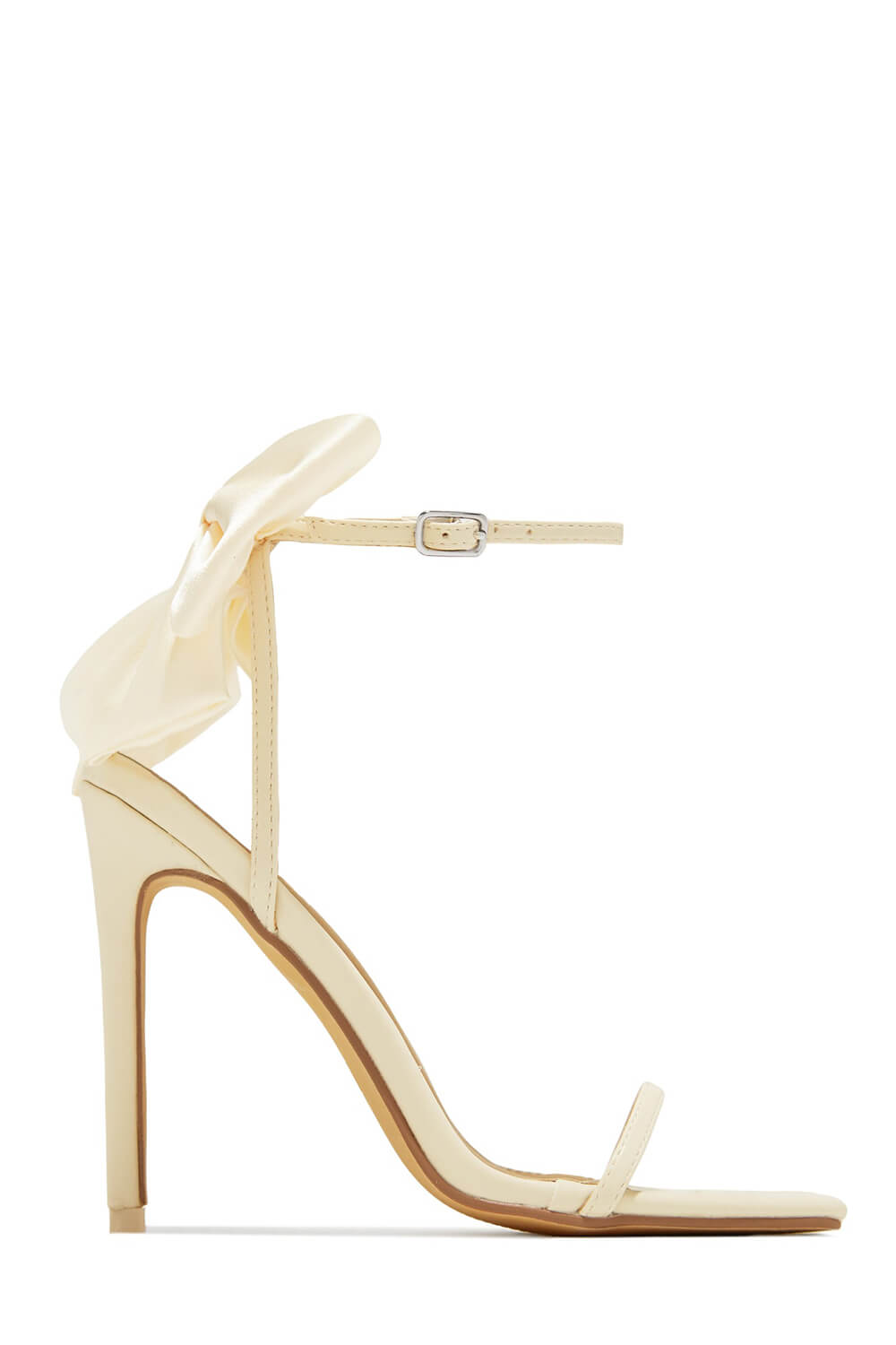 Bow Embellished Faux Leather Open Square Toe Stiletto Heels - White