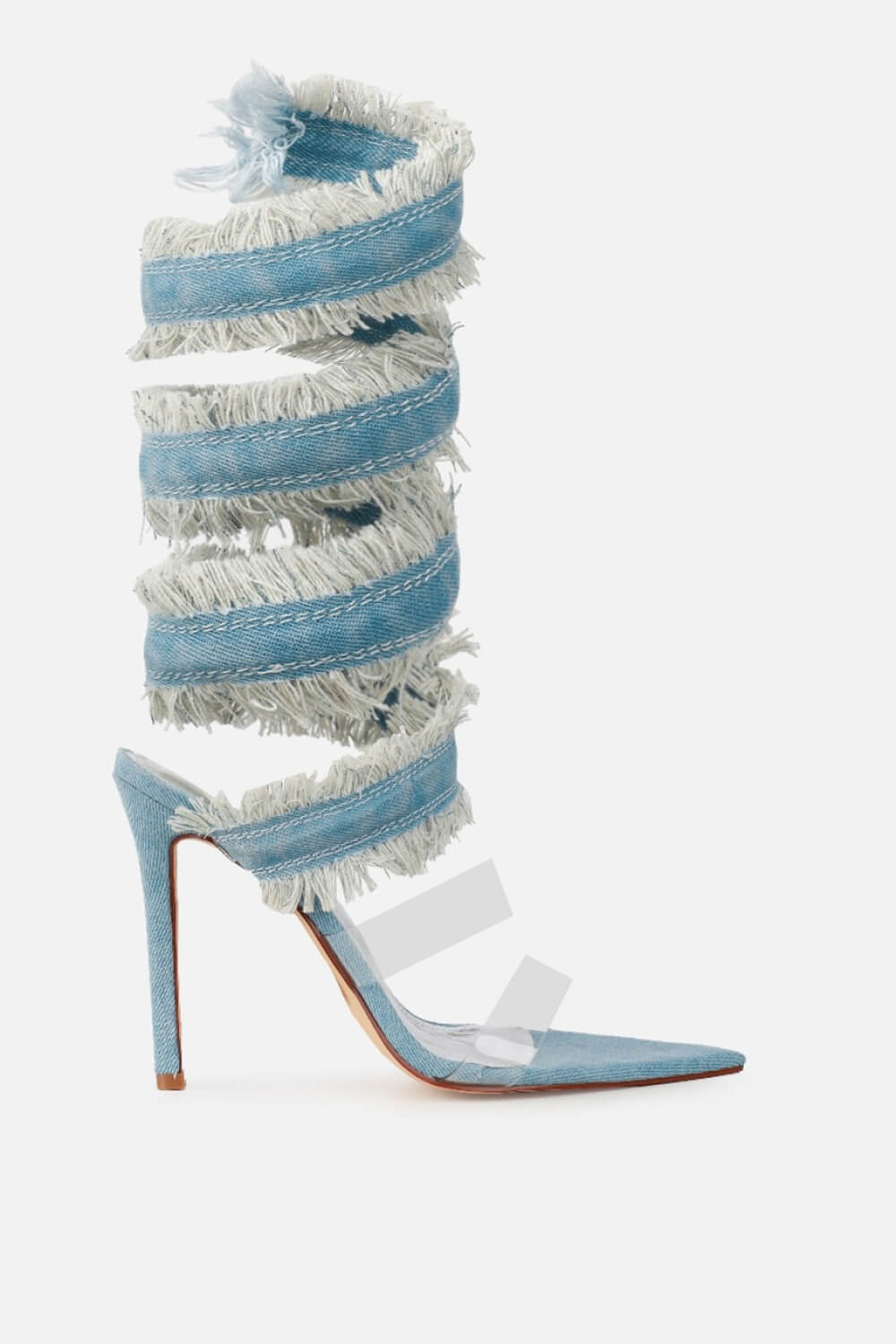 Blue Denim Frayed Clear Perspex Strap Pointed Toe Spiral Heeled Sandals