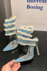 Blue Denim Frayed Clear Perspex Strap Pointed Toe Spiral Heeled Sandals