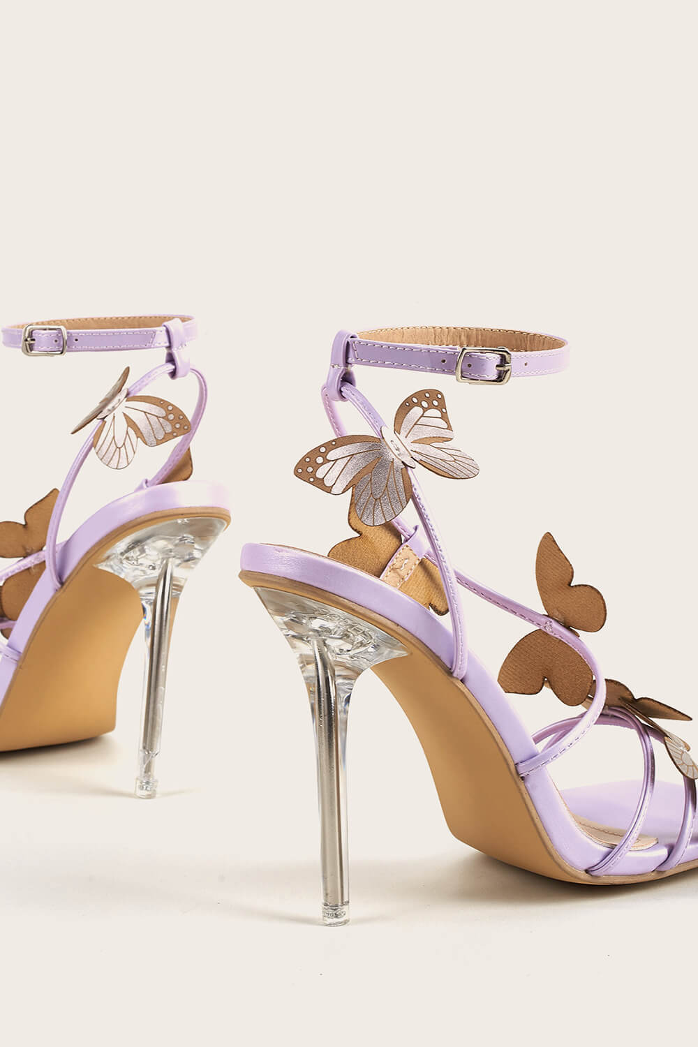 Butterfly Embellished Faux Leather Open Square Toe Clear Perspex Stiletto Heels - Lilac