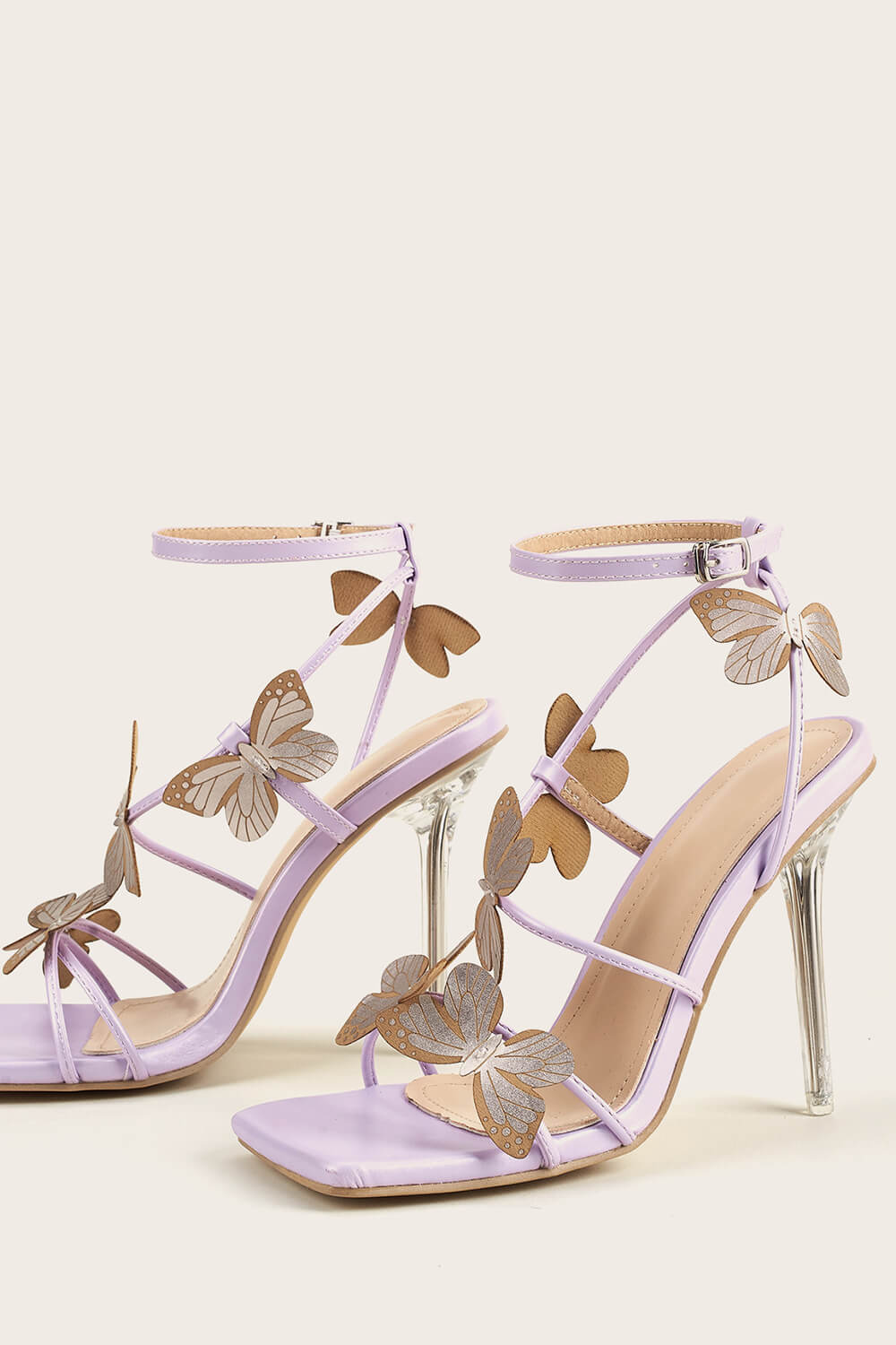 Butterfly Embellished Faux Leather Open Square Toe Clear Perspex Stiletto Heels - Lilac