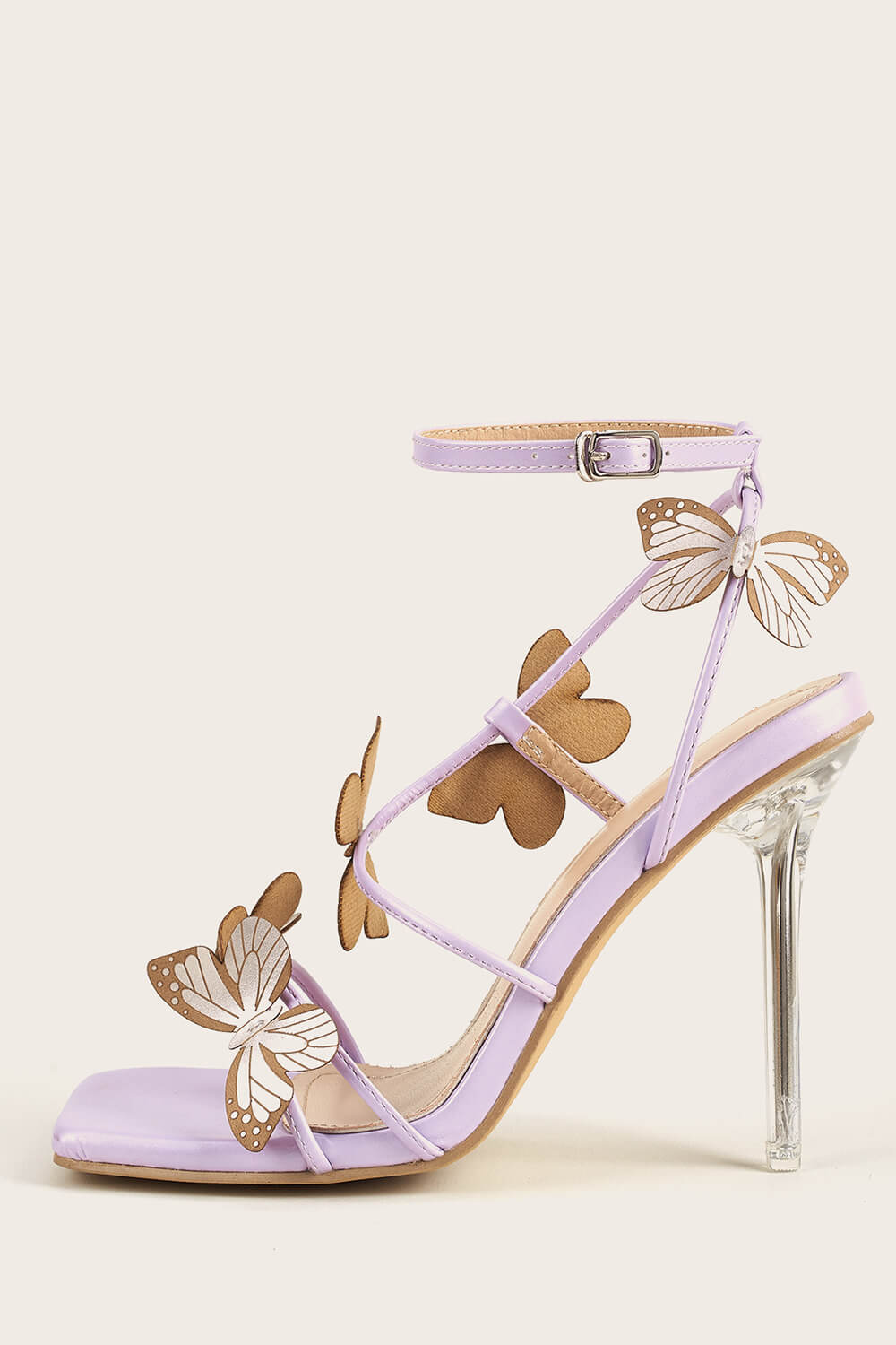 Butterfly Embellished Faux Leather Open Square Toe Clear Perspex Stiletto Heels - Lilac